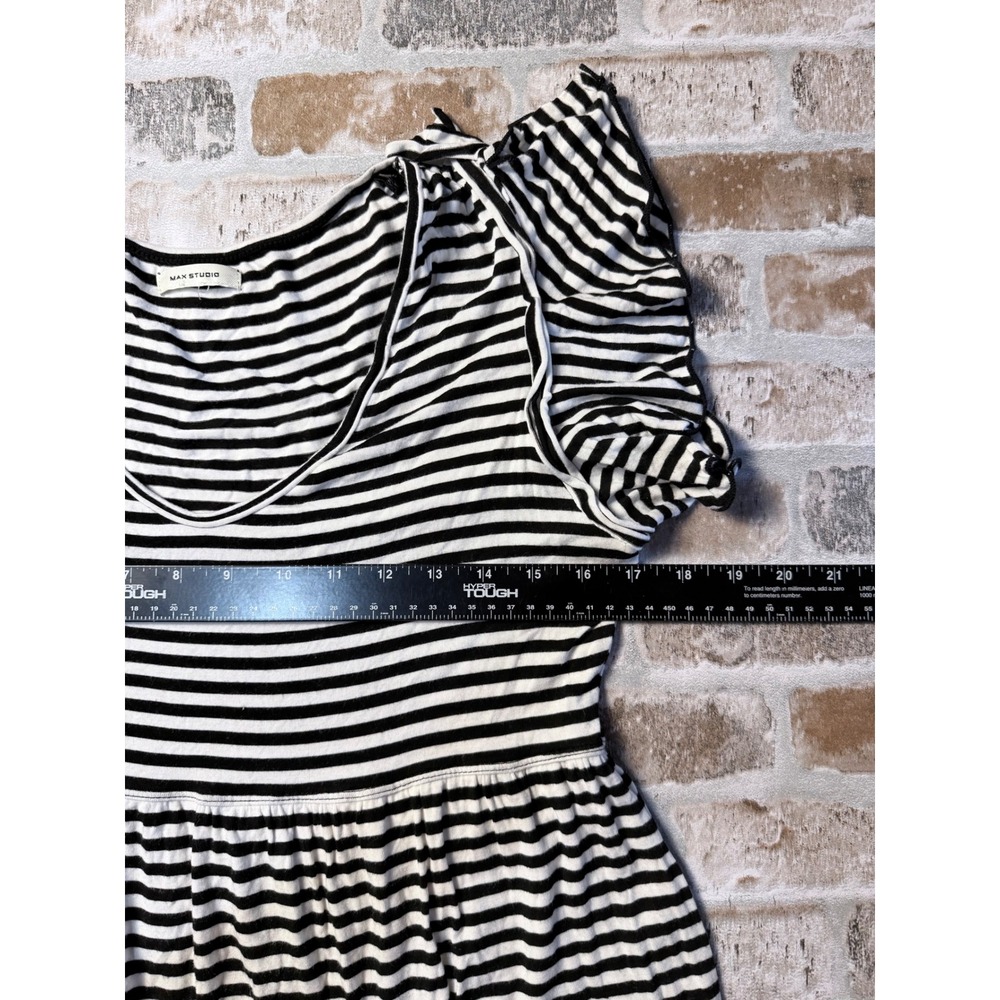 Max Studio Black White Striped Tiered Midi Dress Flutter Sleeve V-Neck 7902F59 - Picture 5 of 8